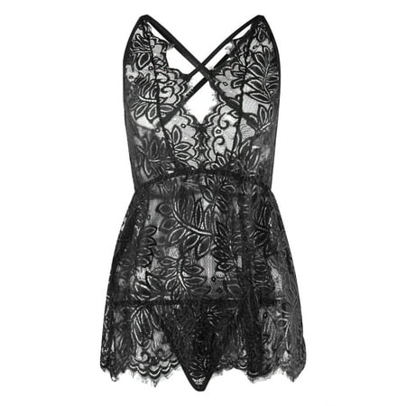 

Vedolay Lingerie For Women Naughty Sex Lingerie for Women Plus Size Halter Lace Bodysuit One Piece Plunging Teddy Blue S