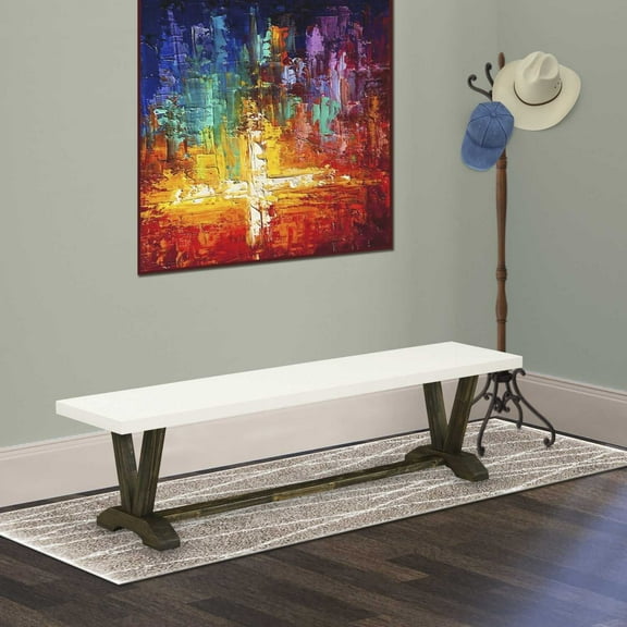 V-Style 15x72 in Dining Bench with Distressed Jacobean 418 Leg and Linen White Top finish