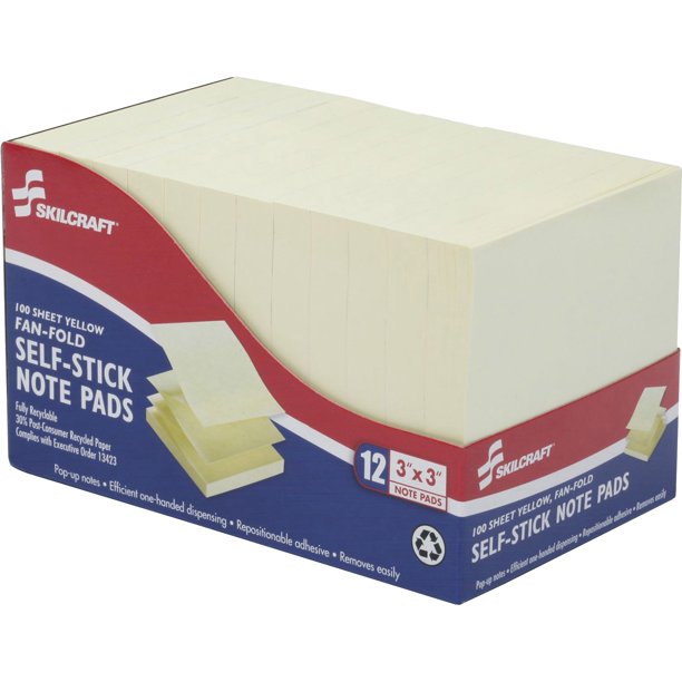 SKILCRAFT, NSN3526616, 3" Yellow Fanfold SelfStick Note Pads, 12/Dozen
