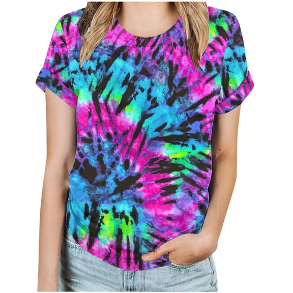 ShomPort Women's Tie Dye Print Tunic Tops Short Sleeve Round Neck Plus Size Tops Trendy Spring Clothes