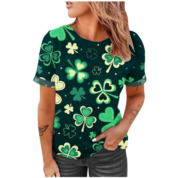 Camiseta con estampado de cuello redondo para mujer a la moda del Día de San Patricio, camiseta de manga corta de verano, blusa Pompotops hkajfhjk461591
