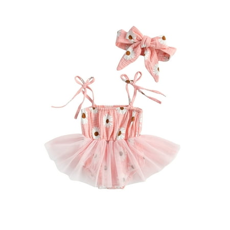 

Thaisu Baby Girl’s Summer Lace-Up Suspender Cotton Romper Fresh Daisy Printing Mesh Yarn Jumpsuits +Headband 0-18M