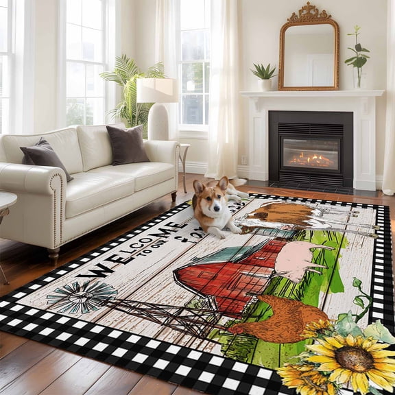 Farmhouse Area Rugs 5x7 ft Barn Cow Pig Chicken Sunflower Wood Grain Washable Rug Non Slip Indoor Carpet Absorbent Floor Mat for Living Room Bedroom Dining Room