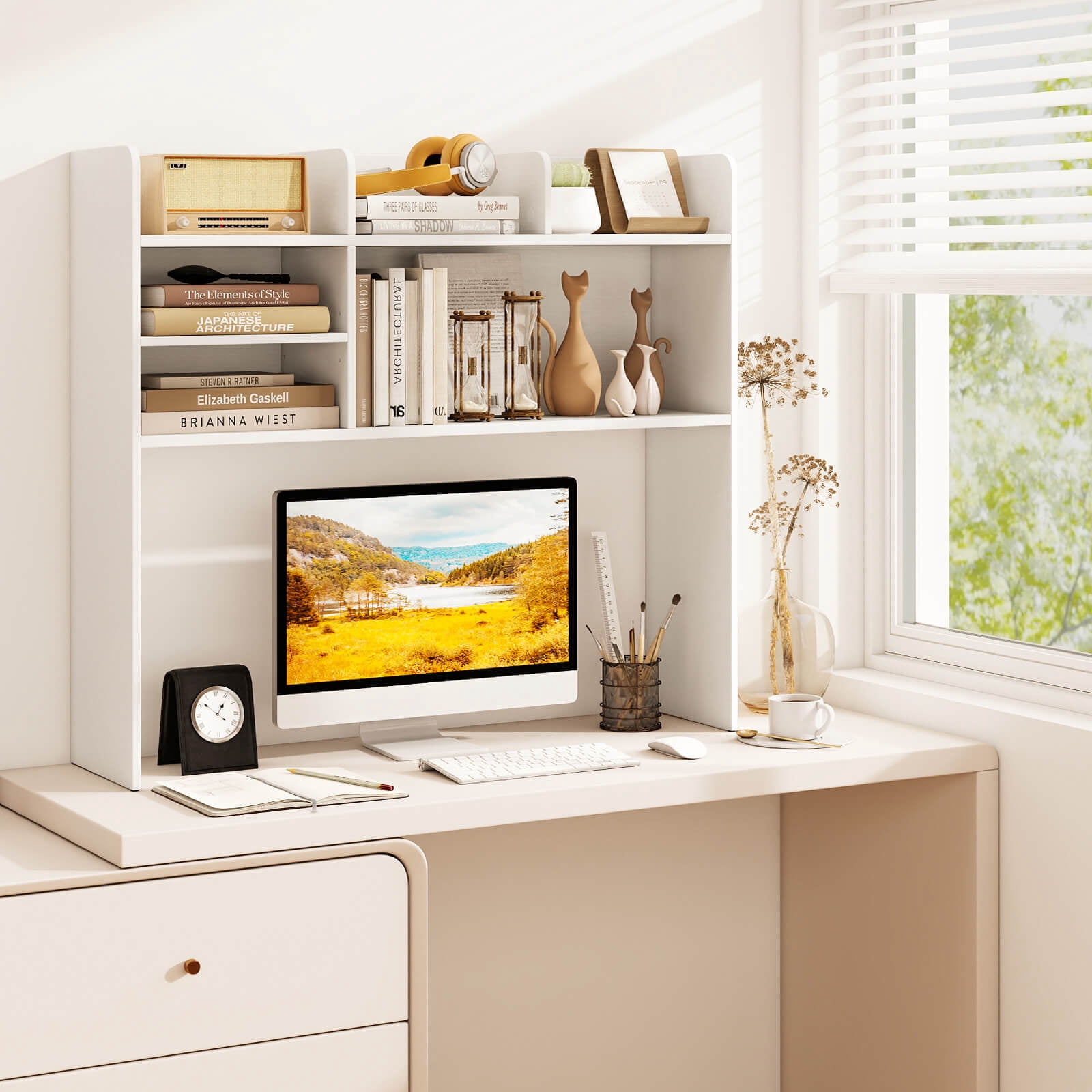 Costway 37" Desktop Bookshelf Wooden Organizer with 6 Shelves 2 Anti-tipping Devices White