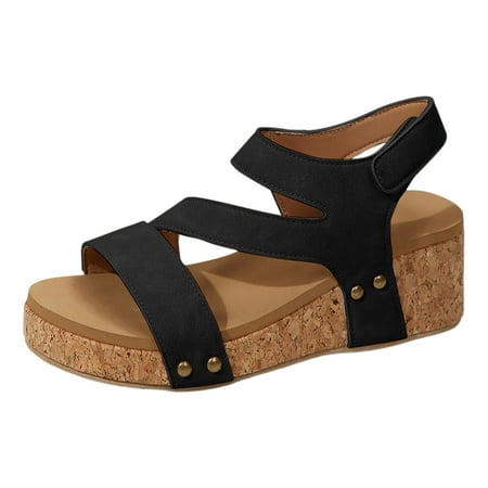 

Ladies Bohemian Leather Open Toe Hook Loop Slope Heel Thick Soled Roman Sandals
