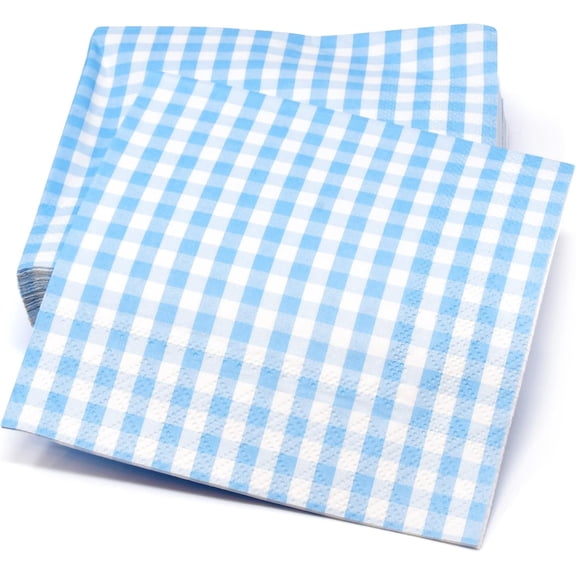 Gift Boutique Blue & White Gingham Cocktail Napkins, 100 Count, 3-Ply Disposable Paper Beverage Napkins, 5x5 Folded, Picnic Party Wedding Tableware