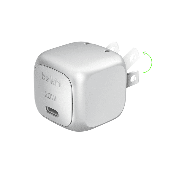Belkin Silver 20W USB-C Cube Wall Charger With PPS Cell Phones Single Charger Apple iPhone 15, 13, 14, 16, Plus, Pro, Pro Max, iPad, Airpods, 1 Pack
