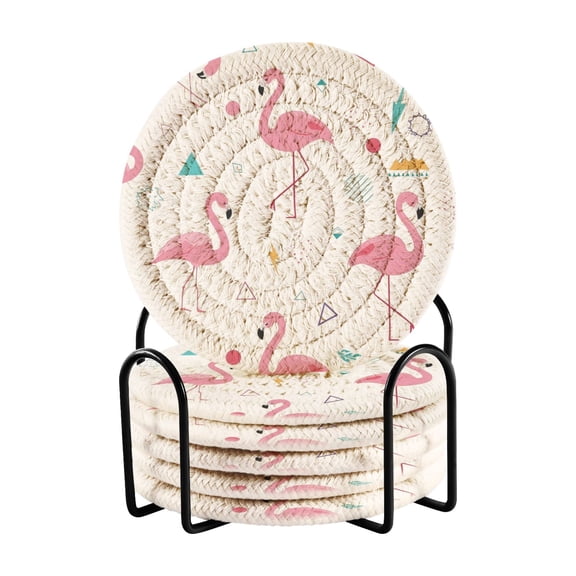 6 Pcs Drink Coasters with Holder 3.94in Woven Coasters for Drinks Cute Flamingo Pattern Coaster Set for Protection Table