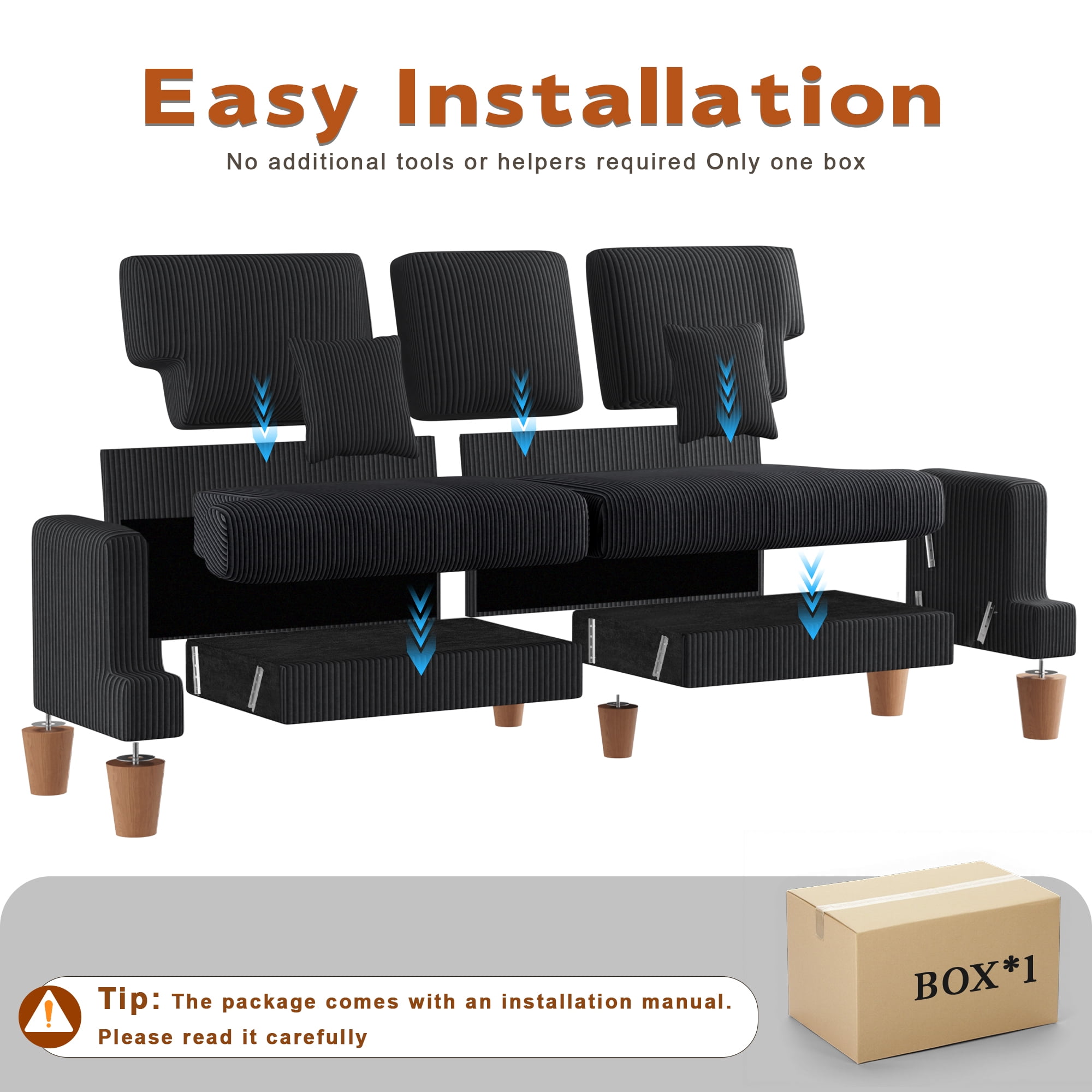 AAQZ 87" Corduroy Sofa Couch for Living Room, 3 Seater Deep Seat Comfy Couch in a Box, 2 Cushions, 2 Pillows Tool-Free Setup,Black