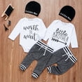thumbnail image 3 of Baby 3PCS Outfit Set Long Sleeve Letter Romper Long Straps Pants Beanie Hat, 3 of 9