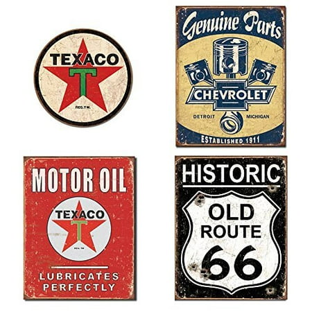 Metal Signs for Garage Bundle - Texaco Logo Round, Chevrolet Genuine Parts, Texaco Motor Oil, Historic Old Route