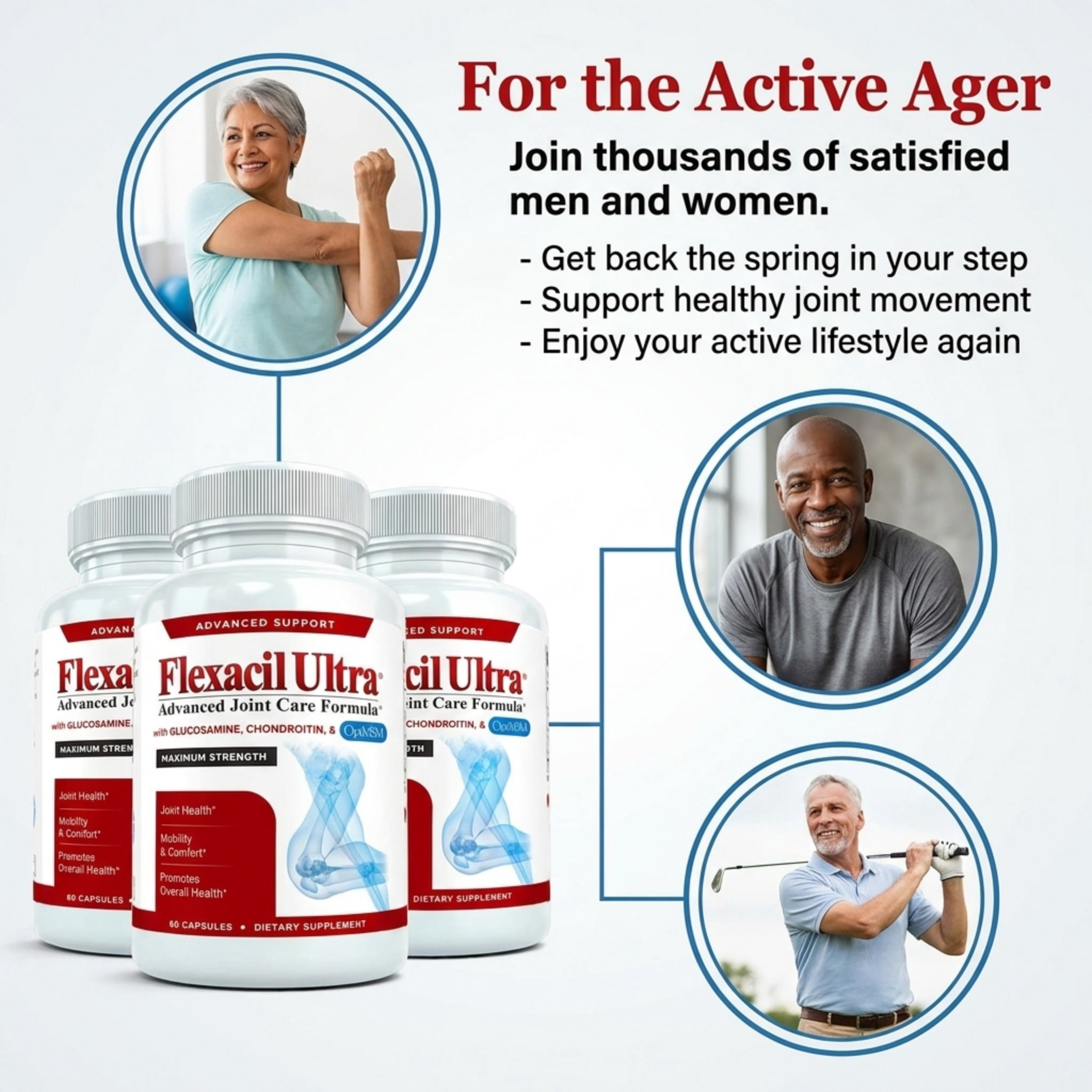 Flexacil Ultra (2 Bottles) Joint Support Supplement with Glucosamine, Chondroitin & MSM, 120 caps