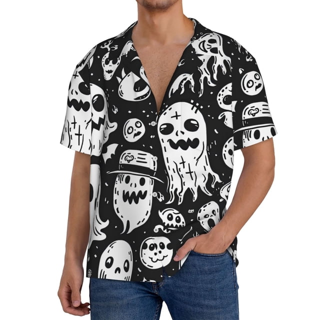 Fotbe Black White Spooky Ghosts Camisa Estampada de Manga Corta para Hombre, Casual de Verano, Estilo Playero, Sin Arrugas-Small