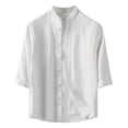thumbnail image 2 of Blusa y camisa de manga larga con cuello alto para hombre, informal, de imitación y lino, color liso, con solapa, manga larga, botones finos, blusa de poliéster para hombre, 2 of 3
