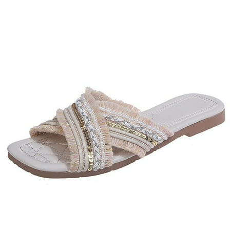 

Inkach Womens Fashion Sequined Cross Open Toe Colorblock Flat Slippers