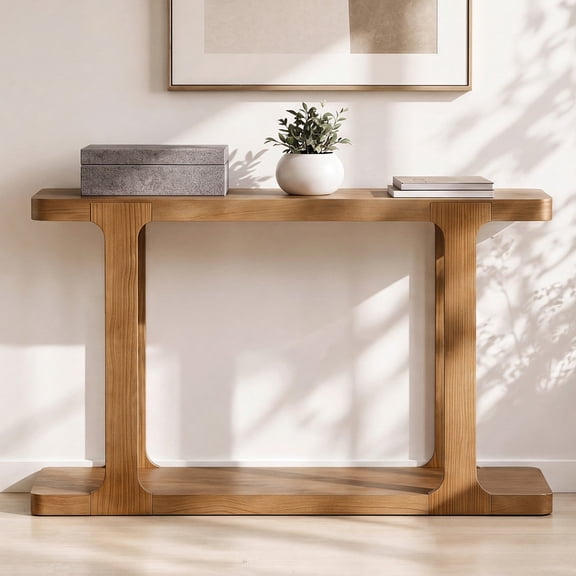 50" Modern Console Table, Solid Wood Legs Bottom Shelf, Entryway Sofa Table for Living Room Hallway