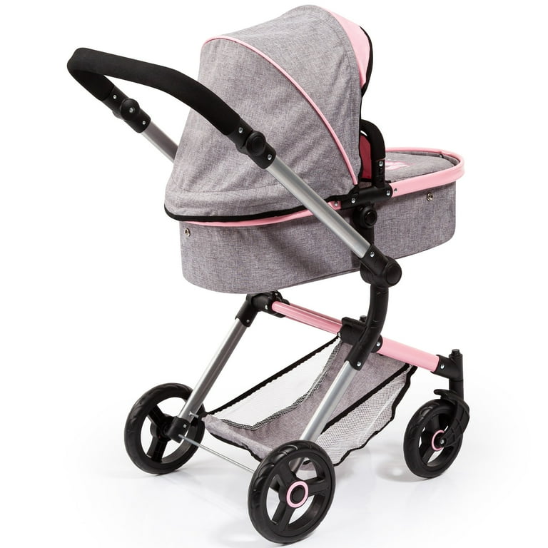 Bayer: Twin Doll Pram Neo With Adjustable Height Handle And Flexible Sun Covers, Grey Pink With Butterfly Design, Foldable And Space-Saving For Up To 18" Dolls