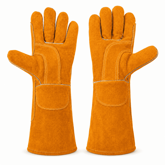 ChrumpTon 16 Inch Leather Welding Gloves, Heat Resistant Work Gloves with Extended Cuff, Reinforced Stitching and Soft Lining for Fireplace, Wood Stove, Yard Work and Light Welding, Orange