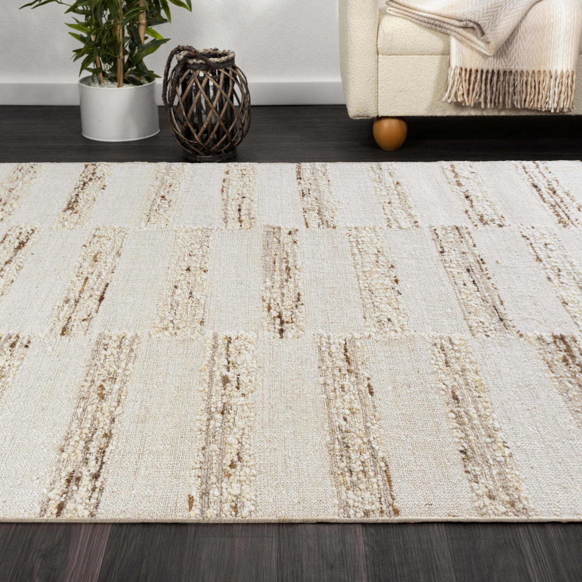 Ox Bay Hayden Checkered Farmhouse Wool Hand-Woven Indoor Runner Rug, Ivory/Natural, 2'6" x 8'