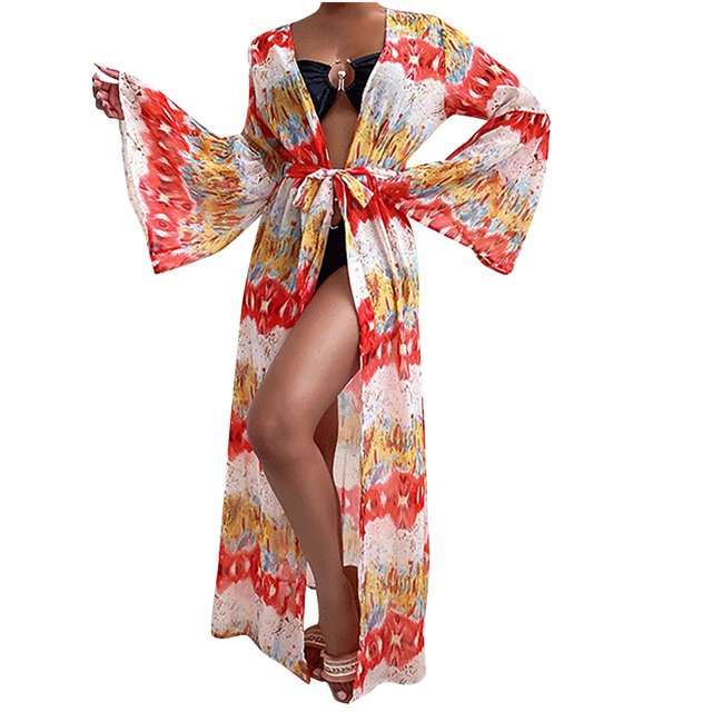 Pompotops Women Summer Loose Print Lantern Sleeves Big Swing Lace-Up Cardigan Dress