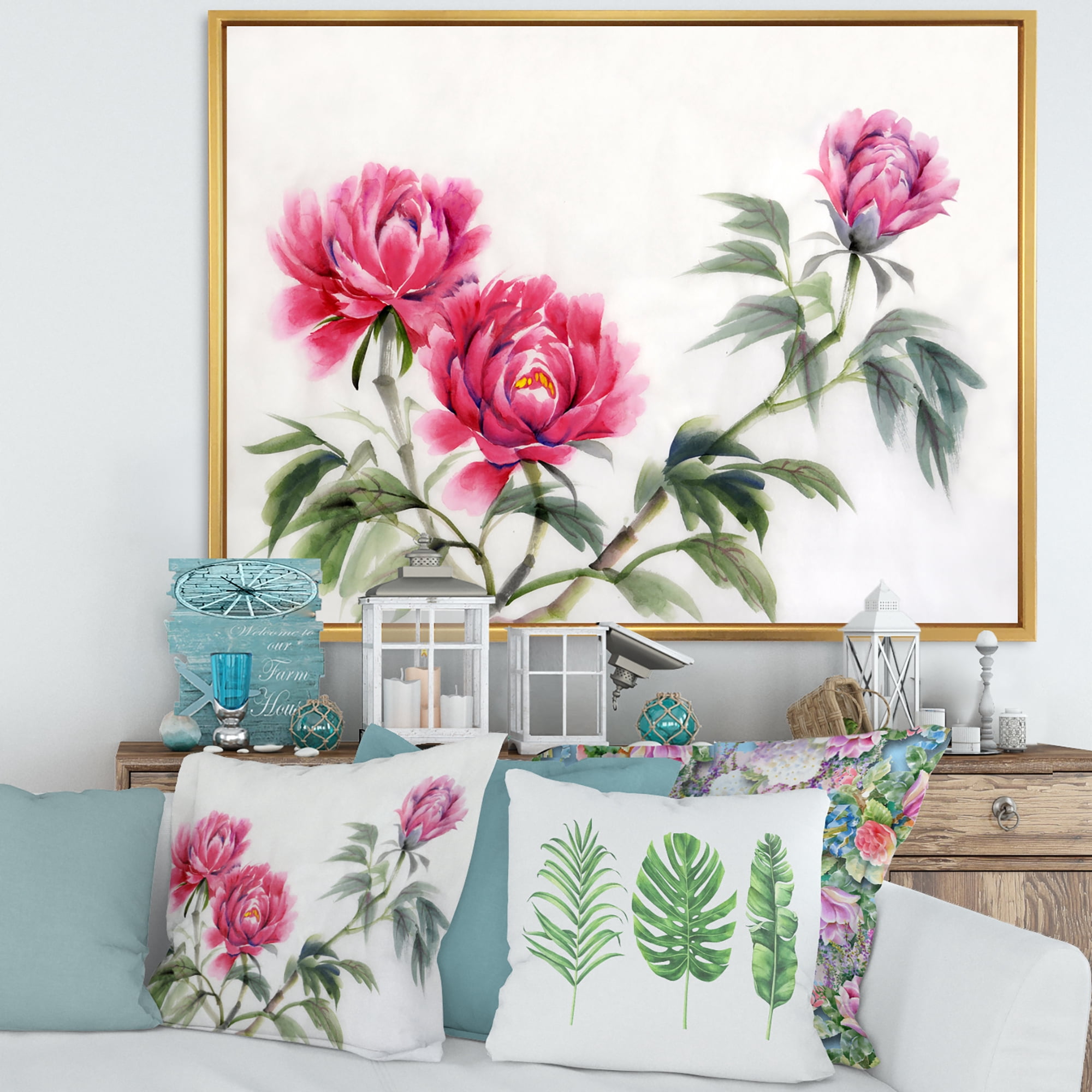 Designart 'Three Vintage Red Peonies Flowers' Traditional Framed Canvas Wall Art Print