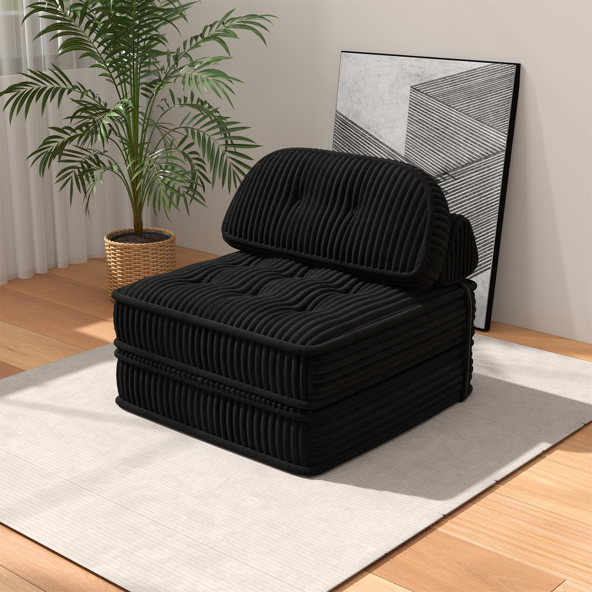 Aukfa Tufted Futon Convertible Folding Sofa Bed with Back Support, Twin Size, Corduroy, Black