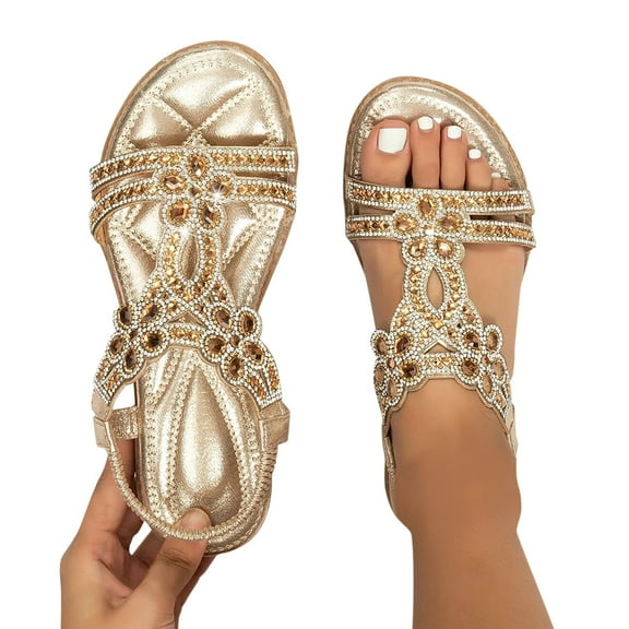 Womens Rhinestones Flats Dressy Sandals Sparkly Crystal Boho Wedge Low Heels Open Toe Slingback Dress Sandals