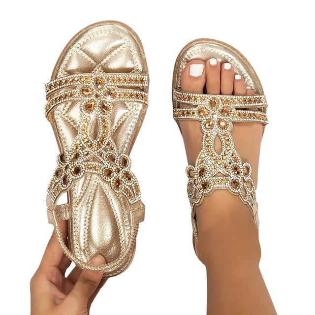 Womens Rhinestones Flats Dressy Sandals Sparkly Crystal Boho Wedge Low Heels Open Toe Slingback Dress Sandals