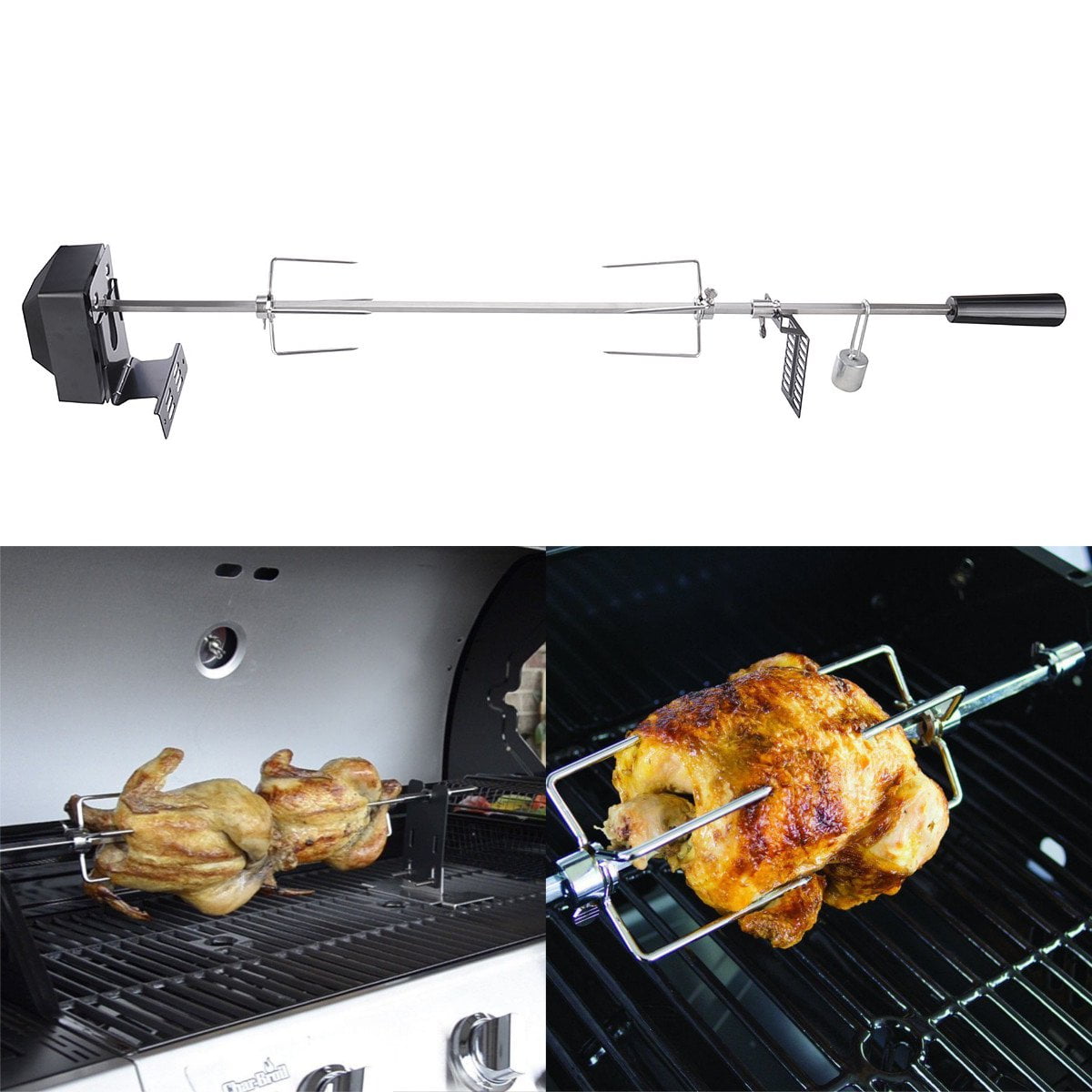 52.5 Square BBQ Grilling Rotisserie Spit Roaster Chicken Breef Motor Rod Kits Universal Rotisserie Kit Stainless Steel Spit Rod Meat Forks Electric BBQ Motor Rod Pig Chicken Poultry Rotisserie Grill 