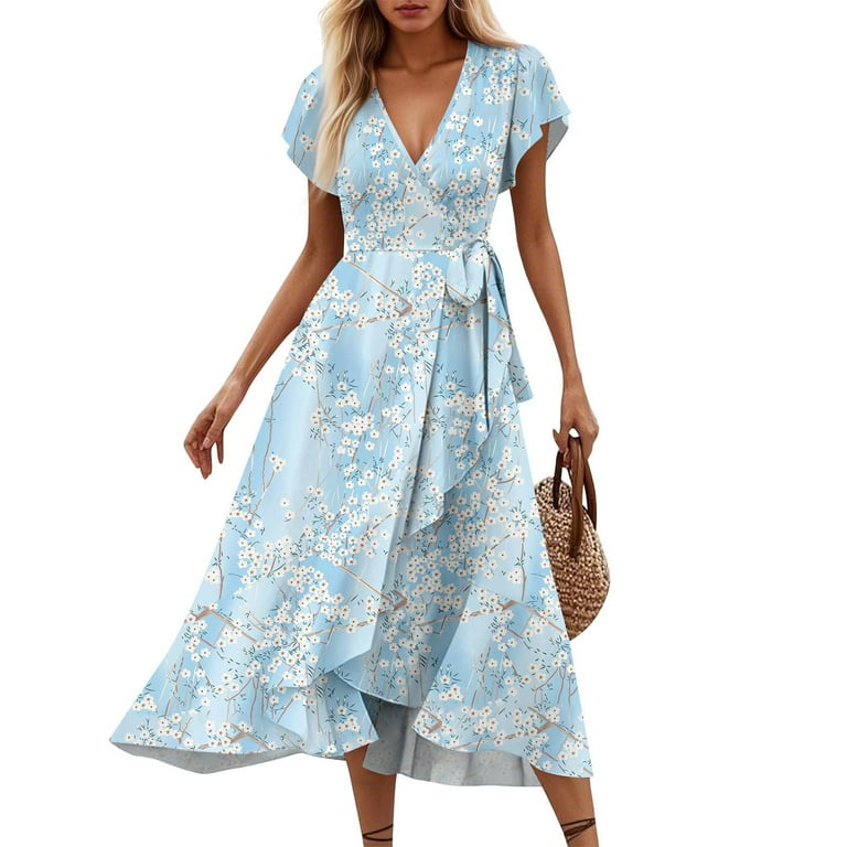 LOVZFMLL Summer Dresses for Women 2025 Elegant Classy V Neck Belted Wrap Maxi  Dress Swing Flowy Floral Boho Sundress Wedding Guest Dress Light Blue C S -  Walmart.com