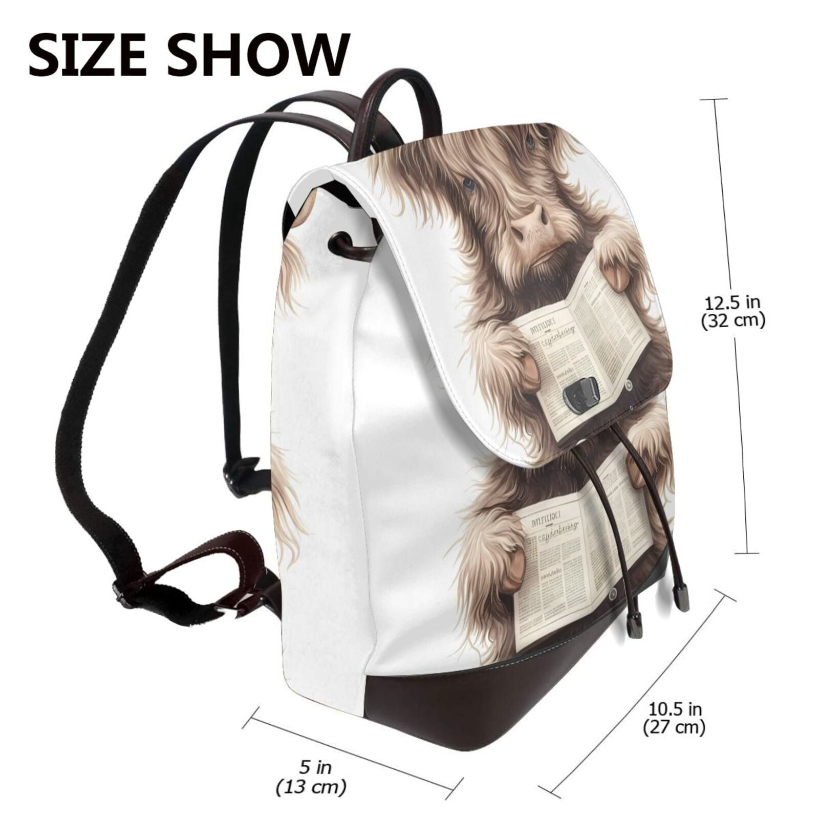 Xecao Relaxed Cute Cow Reading Print Large Backpack Soft Leather for Women Travel with Compartment, Adjustable Convertible Strap
