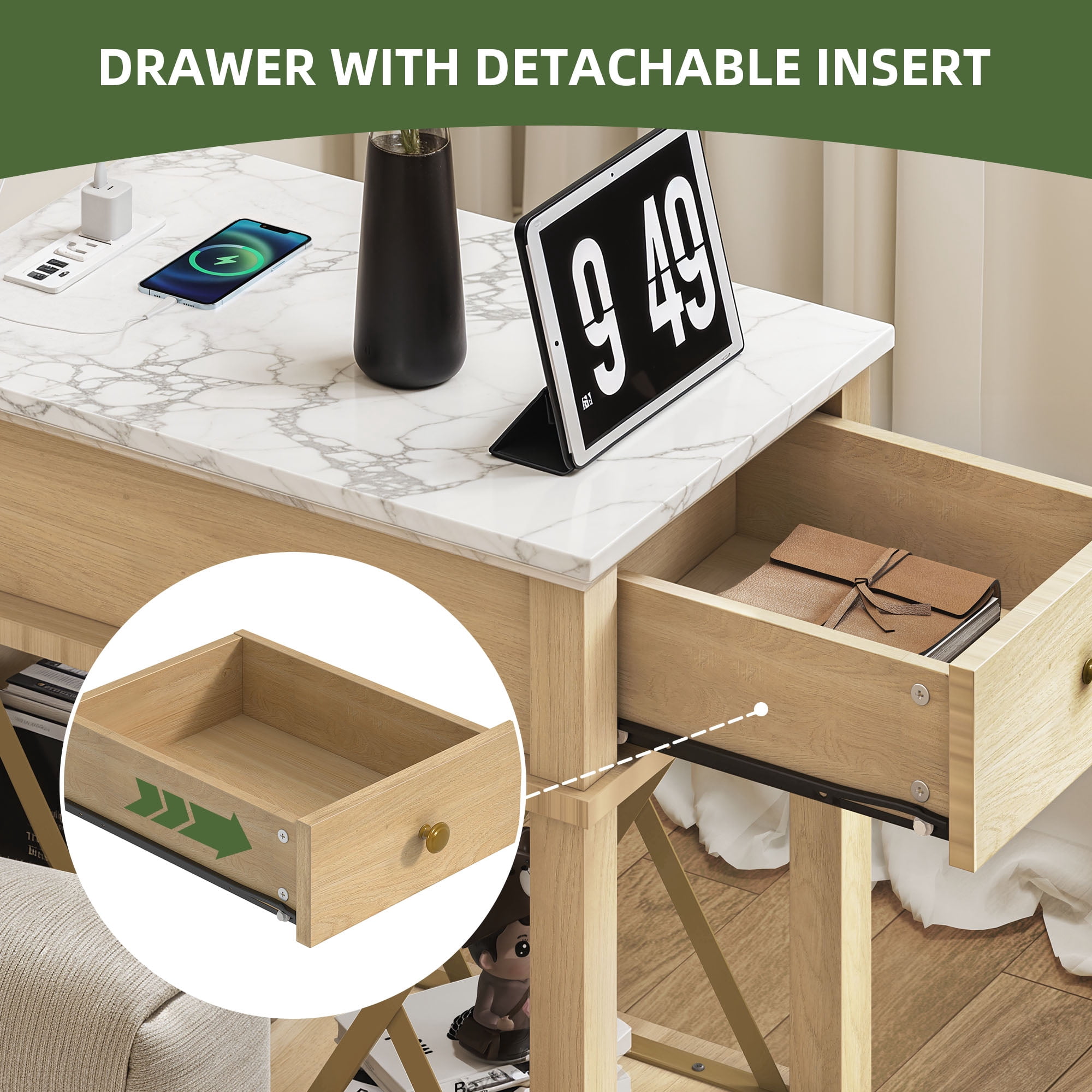 Uforic End Table with Charging Station for Living Room, Nightstand Side Table with Drawer, Natural