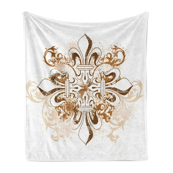 Fleur De Lis Soft Flannel Fleece Throw Blanket, Antique Heraldry Vintage Floral Swirls Traditional Old Fashion, Cozy Plush for Indoor and Outdoor Use, 70" x 90", Brown White, by Ambesonne