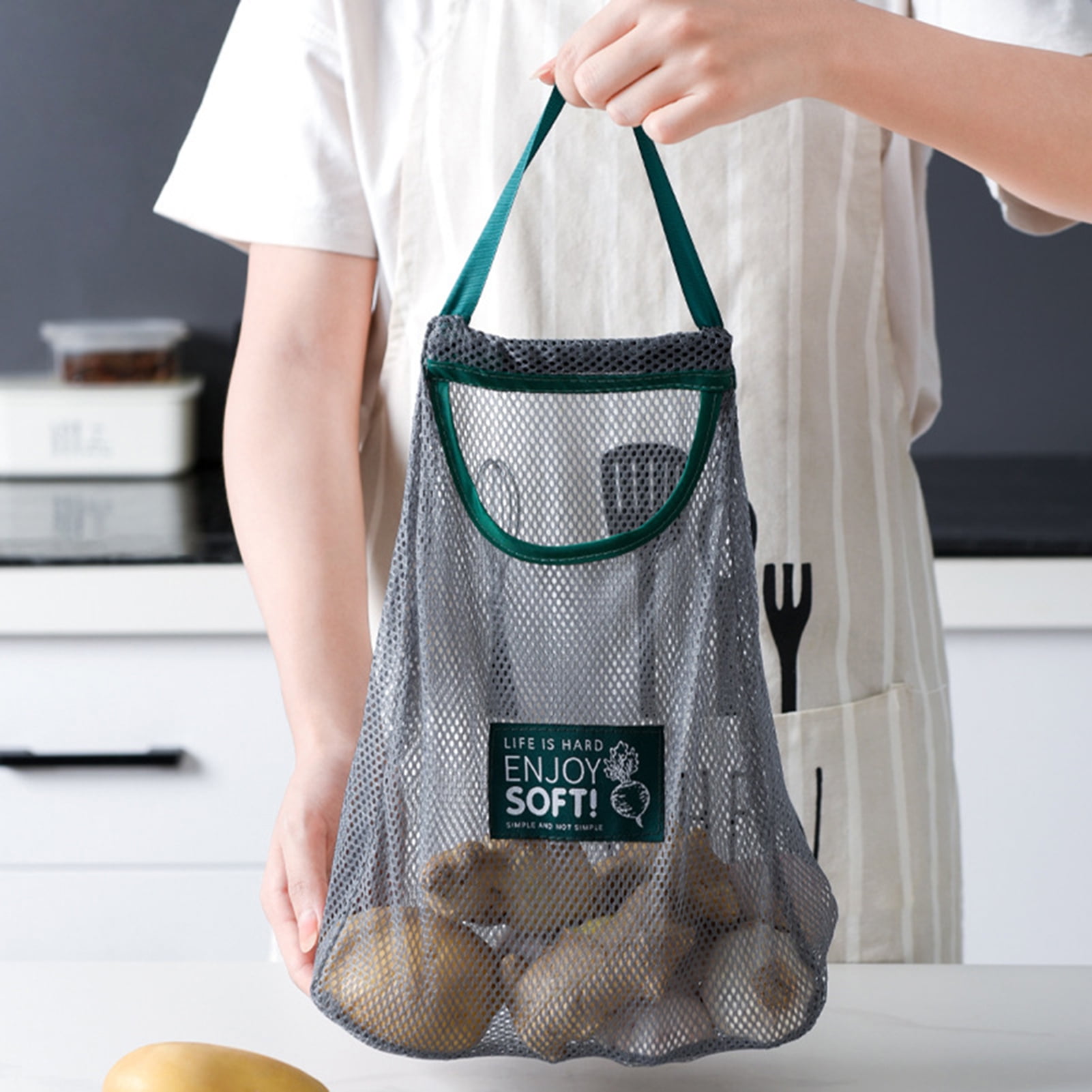 2 PACK Reusable Mesh Fruit Bag Hanging Grocery Fruit Storage Shopping Bags Beige 