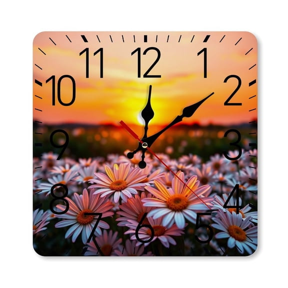 RKSupls 10×10inch Square Silent Wall Clock Wooden Frame, Daisy Field Sunset Scale Decorative Clock for Home Bedroom Living Room Office
