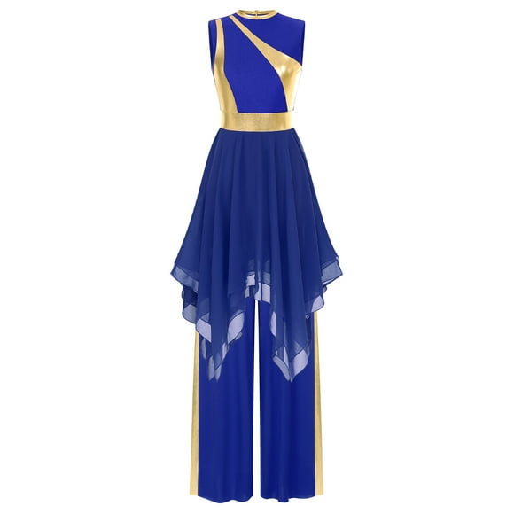 Miaeowve Women Praise Dance Outfit Metallic Asymmetric Overlay Dress with Pants Ballroom Dancewear RoyalBlue M