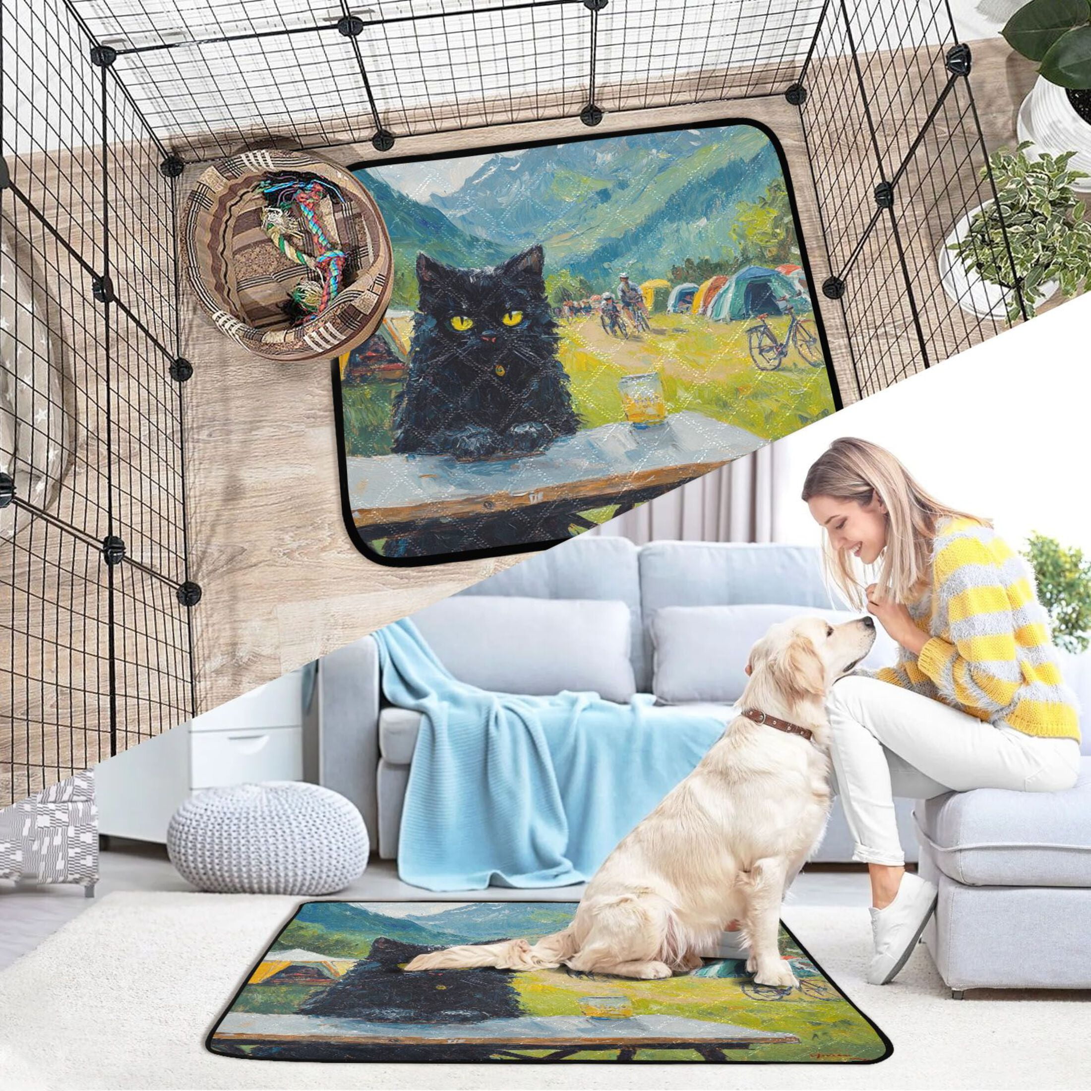 Qxltty Picnic Black Cat Cat litter Pads Pet Set of 2 Diaper Mats Center Anti-leakage Layer Absorbent Soft and Comfortable