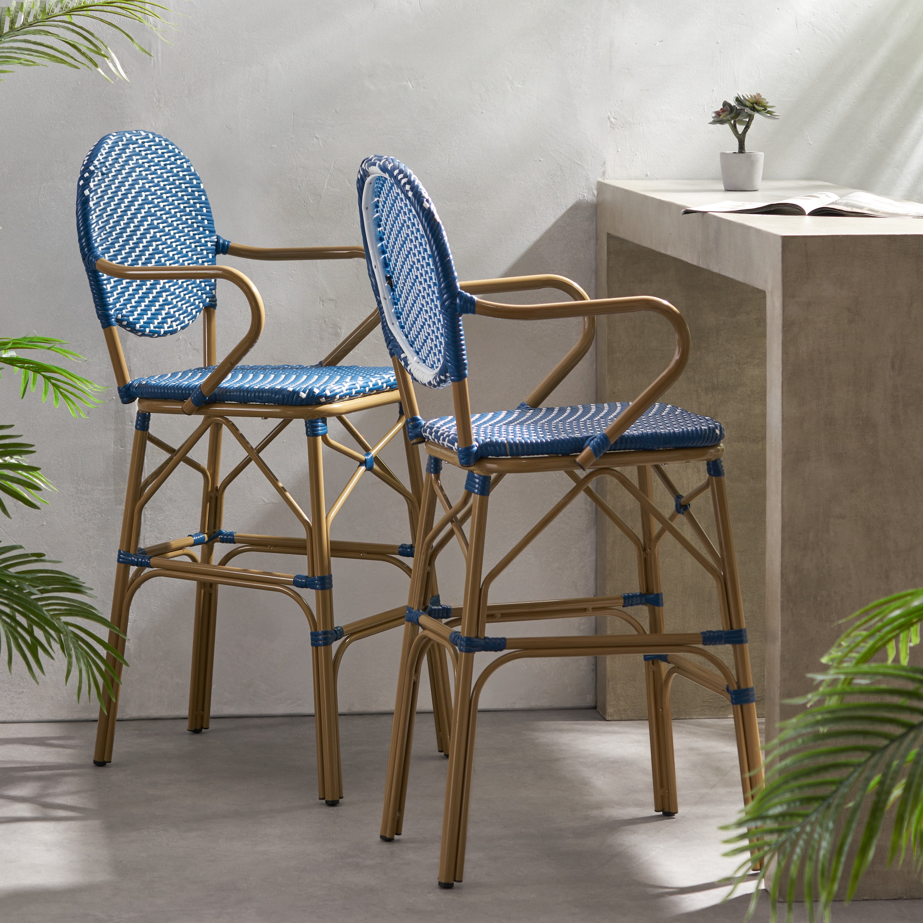Outdoor Height Bar Stool Set of 2 29.5 Inch, Wicker and Aluminum Combined Frame for Patio Bar, Navy Blue and Bamboo