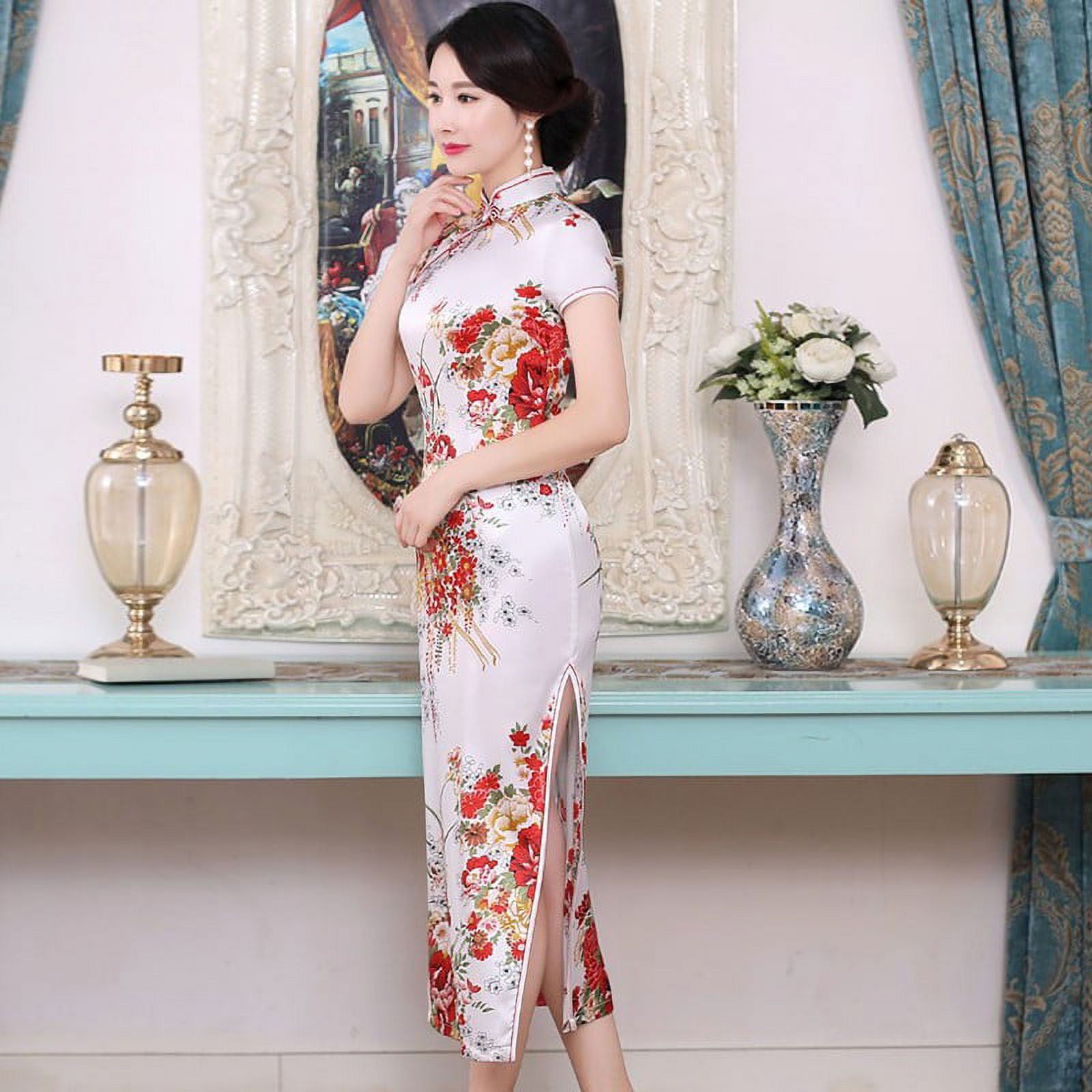 MYG Women Chinese Traditional Dress Flower Print Short Sleeve Cheongsam  Tight Dress - Walmart.ca