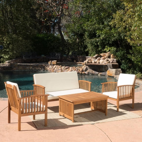 Outdoor Patio Furniture Sets, Conversation Sets, Acacia Wood Chat Set, 4-Piece Patio Set with Water-Resistant Cushions, 55 Inch Loveseat, 2 Club Chairs, Coffee Table for Garden Deck Backyard, Brown