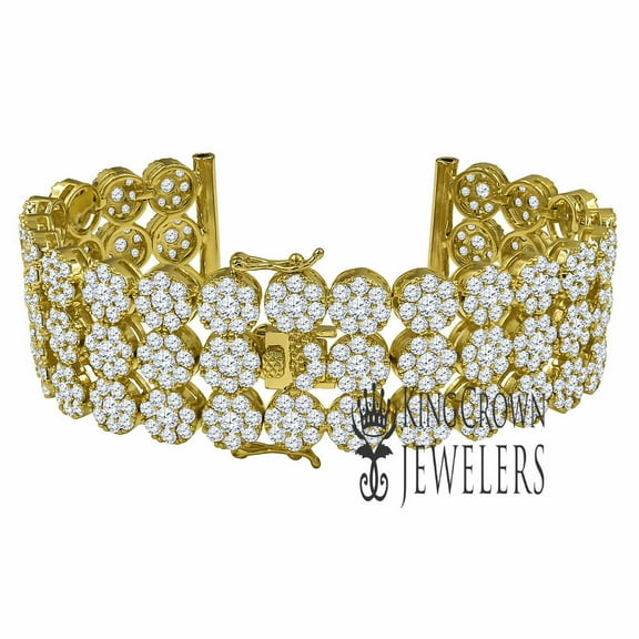14K Yellow Gold Finish Lab Simulated Diamonds 3 Row Flower Cluster Custom Watch Band 24mm / 6.25 Inch