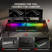 GTRACING Lumina Elite LED Gaming Desk with USB and Power Outlets, for Home and Office, Monitor Stand and Wireless Charging, Black