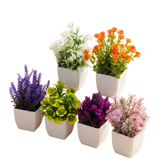6 Pack Mini Artificial Plants in Pots (7" Tall), Small Fake Potted Flowers for Desk & Office Decor