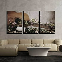 wall26 - 3 Piece Canvas Wall Art - Still Life Wine Bottle with Acoustic Guitar - Modern Home Art Stretched and Framed Ready to Hang - 16"x24"x3 Panels