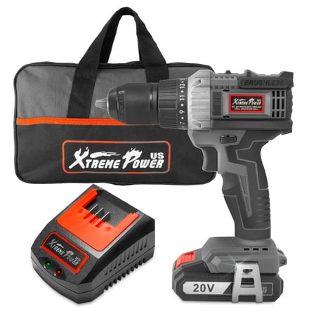 

XtremepowerUS 20V Cordless Drill Brushless Driver 2000mAh 500 In-lbs Torque 22+1 Torque tra Fast Charger 2.0A w/Auxiliary Handle + Bag