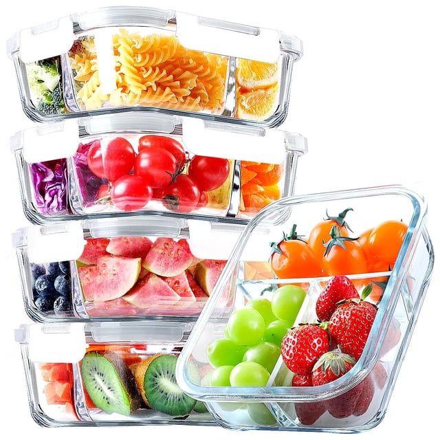 Paquete de 5 recipientes de vidrio para preparación de comidas, juego de 3 compartimentos, recipientes herméticos de vidrio para almuerzo, recipientes de almacenamiento de alimentos con tapas