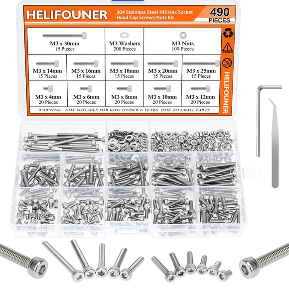 HELIFOUNER 490 Pieces M3 x 4mm /6mm /8mm /10mm /12mm /14mm /16mm /18mm /20mm /25mm / 30mm, Hex Socket Head Cap Metric Screws Bolts Washers Nuts Kit, 304 Stainless Steel