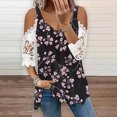 thumbnail image 1 of Fiudx Ofertas Relámpago Camiseta Sin Tirantes con Estampado de Manga Corta y Costuras de Encaje con Cuello En V de Verano para Mujer, 1 of 5