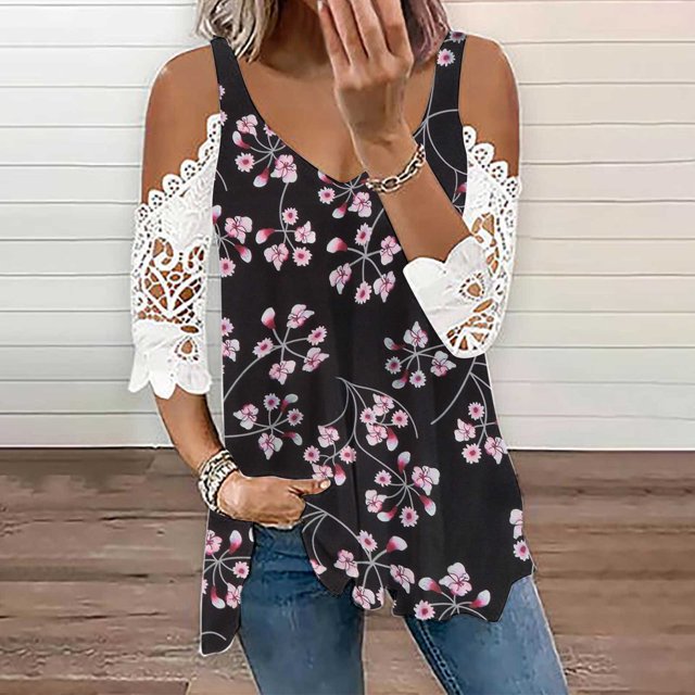 Fiudx Ofertas Relámpago Camiseta Sin Tirantes con Estampado de Manga Corta y Costuras de Encaje con Cuello En V de Verano para Mujer