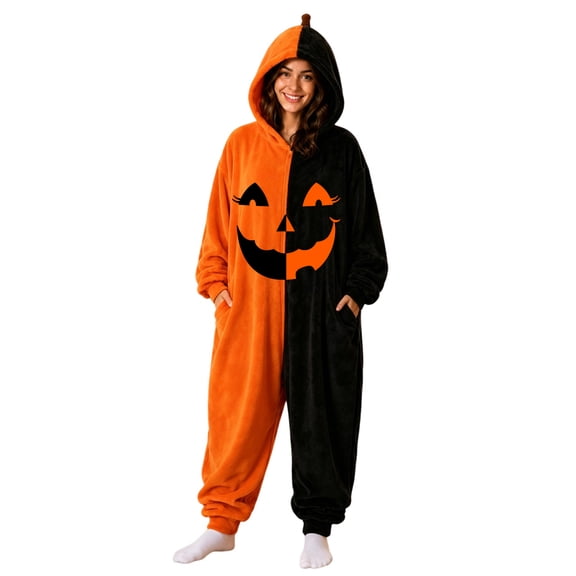 Unisex Oversized Hooded Halloween Pumpkin Jumpsuit, Zip Up Flannel Onesie Fleece Funny Halloween Pajamas Adult Pumpkin Costume Black XL